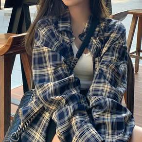 라라티나 여성용 루즈핏 캐주얼 체크 남방 긴팔 셔츠