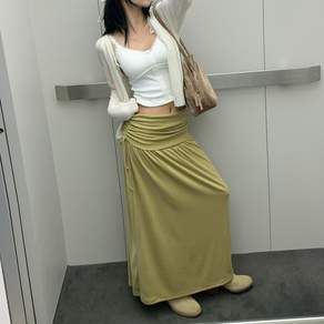 시크블랙 헤티류 사이드 셔링 폴딩 A라인 롱 스커트 cpsk8078k69