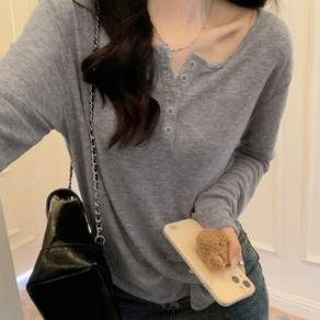아이엠몽 여성용 루즈핏 헨리넥 버튼업 긴팔 티셔츠 R6F297