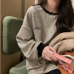 마켓피아 여성용 오버핏 캐주얼 데일리 스트라이프 긴팔 티셔츠
