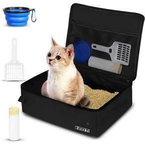 뚜껑이 있는 휴대용 고양이 여행용 쓰레기통과 일회용 라이너 백 0개 누수 방지 및 접이식 자동차 호텔 비행기 기타 실외용 여행 필수품블랙