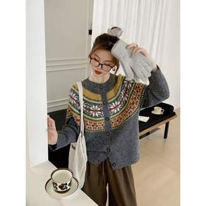 WIHOLL 여성 라운드넥 니트 가디건 가을겨울 빅사이즈 루즈핏 데일리 아우터