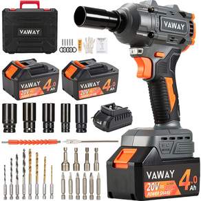 VAWAY 20V 무선 브러시리스 임팩트렌치 4.0Ah 배터리2개 대토크 충전식 전동렌치 소켓+드릴비트 풀세트 자동차 타이어/목공/철골작업