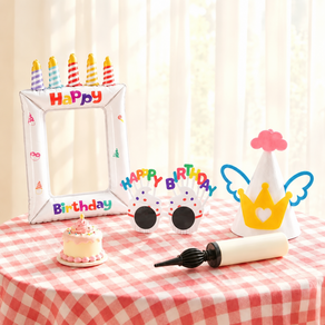 생일파티 풍선용품 포토프레임 4종 세트 (액자+고깔모자+안경+펌프)