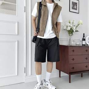 남자 바람막이 조끼 남성 오버핏 일체형 후드 조끼