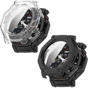 스마트 워치 커버 액정보호 풀커버 강화유리 Amazfit T - Rex 3 Pro 48mm용 루엔테크 2팩 케이스 보호 내장 강화 유리 필름 하드 PC 화면 보호기 블랙 앤 클