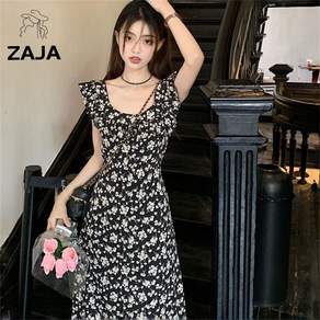 ZAJA 여성 프릴 민소매 원피스 여름 A라인 플라워 롱원피스