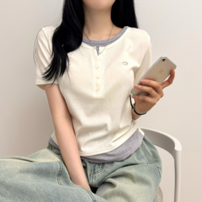 리오르 레이어드 헨리넥 와펜 반팔 티셔츠 일체형 여리핏