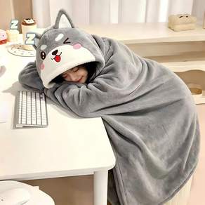 BOUMI 귀여운 고양이 후드 담요 극세사 따뜻한 입는 무릎담요 판초 망토