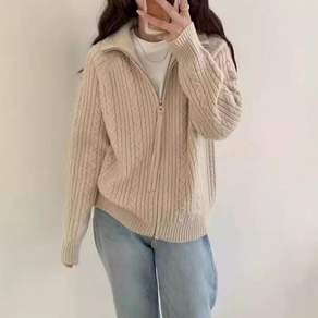 AURALA 여성 카라넥 집업 니트 카디건 데일리 통근 스웨터
