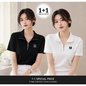 오늘코디 여성 반팔 카라티 스트라이프 집업 티셔츠 슬림핏 데일리 골프티 1+1 S1048