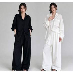 린하오 바캉스 캐주얼 루즈핏 셔츠 상의+와이드 팬츠 세트
