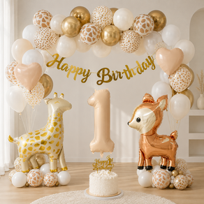 상덕 첫돌 생일파티 풍선 장식세트 숫자 1 기린 사슴 동물풍선 해피버스데이 가랜드