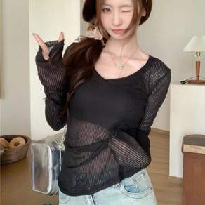 해피유통 여성 시스루 브이넥 긴팔 티셔츠 슬림핏 바디라인 핏감 여름 레이어드 캐주얼 상의