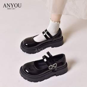ANYOU 여학생 스트랩 구두 하트버클 통굽 둥근코 봄가을 통학 단화