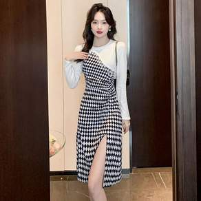 봄 가을 여자 긴팔 원피스 빅사이즈 프렌치 언밸런스 패치 슬림 롱원피스 여성 하운드투스 체크 원피스 QXX