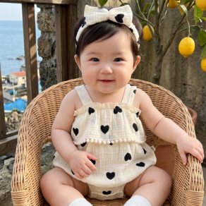 몽실이 하트 거즈면 멜빵 바디슈트 헤어밴드 세트