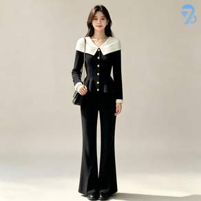 708090 여성용 블랙화이트 콤비 투피스 세트