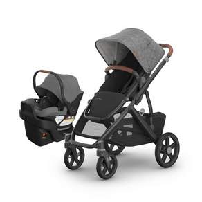UPPAbaby 비스타 V3 유모차 + 아리아 V2 유아용 카시트 여행 시스템 콤보 – 시트 범퍼 바 벌레 및 비 차단막 베이스 인서트 포함 그레이슨(차콜 멜란지)