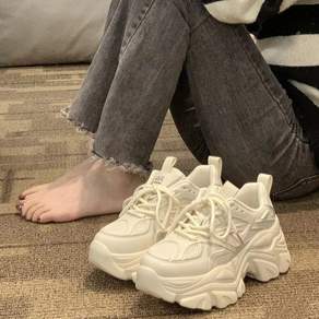 JLVJ 여성 키높이 아빠신발 통기 메쉬 두꺼운굽 끈타입 데일리 캐주얼 운동화