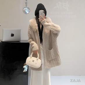 ZAJA 여성 가을겨울 퍼 후드 코트 루즈핏 롱 니트 가디건