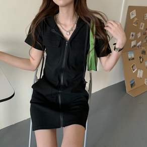 여성 포켓 집업 반팔 후드 원피스