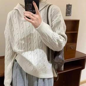 LUNATURE 여성 후드니트 꽈배기 긴팔 스웨터 루즈핏 데일리