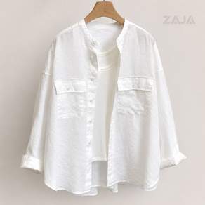 ZAJA 여성 코튼 셔츠 루즈핏 스탠드카라 긴팔 포켓 데일리 남방