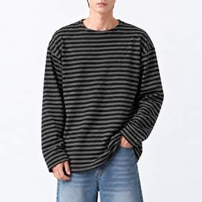 [투뎃] 남성용 데일리 스트라이프 스판 루즈핏 라운드넥 니트