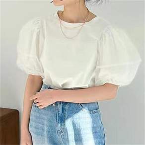 해피유통 여성 퍼프소매 오간자 볼륨 디자인 여리핏 데일리 캐주얼 반팔 블라우스