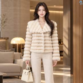 708090 여성용 빅카라 가로주름 퍼 숏 자켓