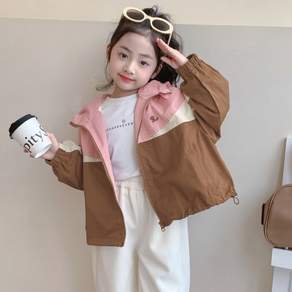 오스틱니 [KC 인증] 여아 봄 가을 후드 아웃도어 삼색 배색 재킷 바람막이 점퍼 외투 방풍 보온 간절기용 캐주얼 데일리룩밑단 조절 가능