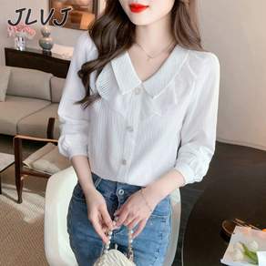 JLVJ 여자 봄가을 블라우스 브이넥 긴팔 셔츠 여성 블라우스