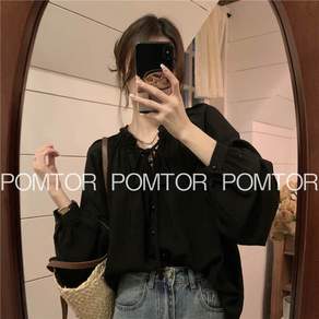 POMTOR 여성 예쁜 퍼프 소매 긴팔 셔츠 캐주얼 패션 봄가을 긴팔티