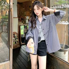 ZAJA 여성 셔츠 자켓 가을 스트라이프 긴팔 루즈핏 아우터