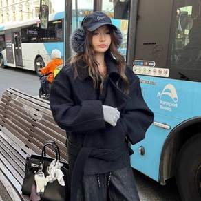 vosim 여성 가을겨울 스탠드카라 벨티드 하프코트 루즈핏 데일리 캐주얼 아우터