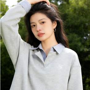 투니스 여성 루즈핏 투피스 디자인 배색 긴소매 맨투맨 티셔츠