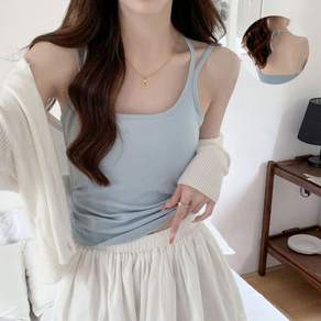 여성 이너티 기본나시 포인트나시 어깨 두줄 캡내장 허리셔링 나시티 레이스나시티