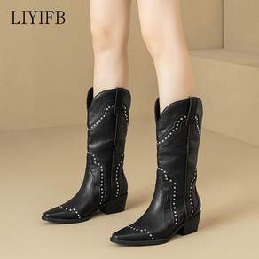 LIYIFB 스터드 웨스턴 부츠 5cm 소가죽 미들 부츠 여성 빅사이즈 부츠 260-225