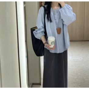 여성 여자 스윗하우스리 주름 노카라 콩단추 스트라이프 셔츠 블라우스