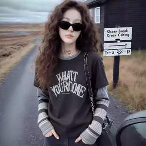 TKX 여성 라운드넥 긴팔티셔츠 레터링 패턴 레이어드 루즈핏 데일리룩