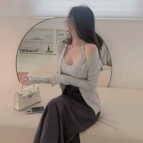 떳다그녀 델븐 골지니트 투피스 브이넥 슬림 카디건 홀터넥 나시 셋업 가디건 슬리브리스 세트