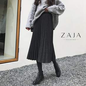 ZAJA 여성 모직 미디 롱스커트 가을 겨울 솔리드 빅사이즈 캐주얼 스커트