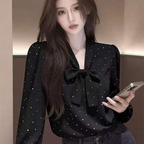검은색 도트 무늬 리본 셔츠 여성용 봄 빅사이즈 세련된 긴팔 상의