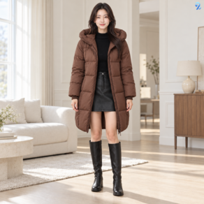 708090 여성면 후드 웨이스트라인 중롱 퀼트 면패딩 코트