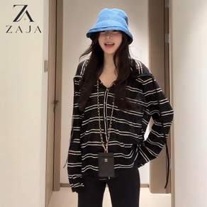 ZAJA 여성 스트라이프 후드 가디건 루즈핏 긴팔 데일리룩