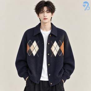 708090 남성용 다이아몬드 무늬 니트 가디건