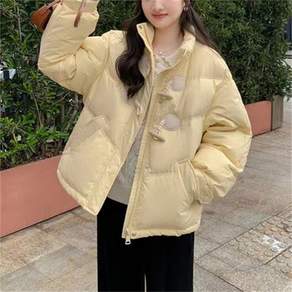 여성숏퍼딘다운자켓 스탠칼라 혼버튼 디테일 루즈핏 숏기장 긴팔 포켓 볼륨소매 데일리 캐주얼 겨울 아우터 일상 외투 ZYM26092868 40