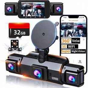 4채널 360도 회전 주행 기록기 4K 전면 및 1080P 후방좌측우측 카메라 야간 시야 24시간 주차 모니터 32GB 마이크로 SD 카드 포함 대시캠 차량용