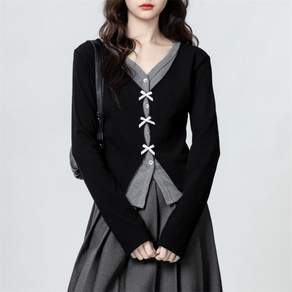 AURALA 여성 예쁜 베이직 캐주얼 브이넥 긴팔티 리본장식 슬림핏 긴팔 티셔츠